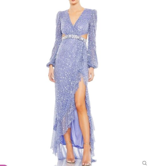 NWT Mac Duggal 5745 Sequined Faux Wrap Cut Out Puff Sleeve Gown Dress Purple Siz